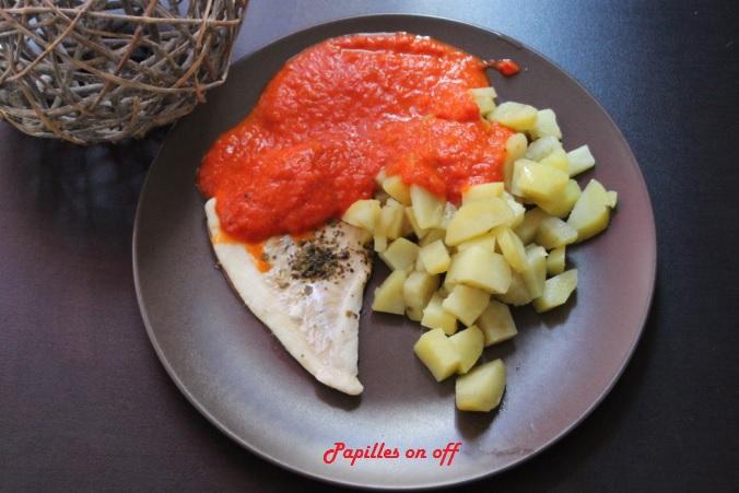 Cabillaud, pommes de terre, sauce aux poivrons