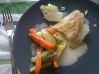 Filets de poisson blanc et petits légumes en sauce