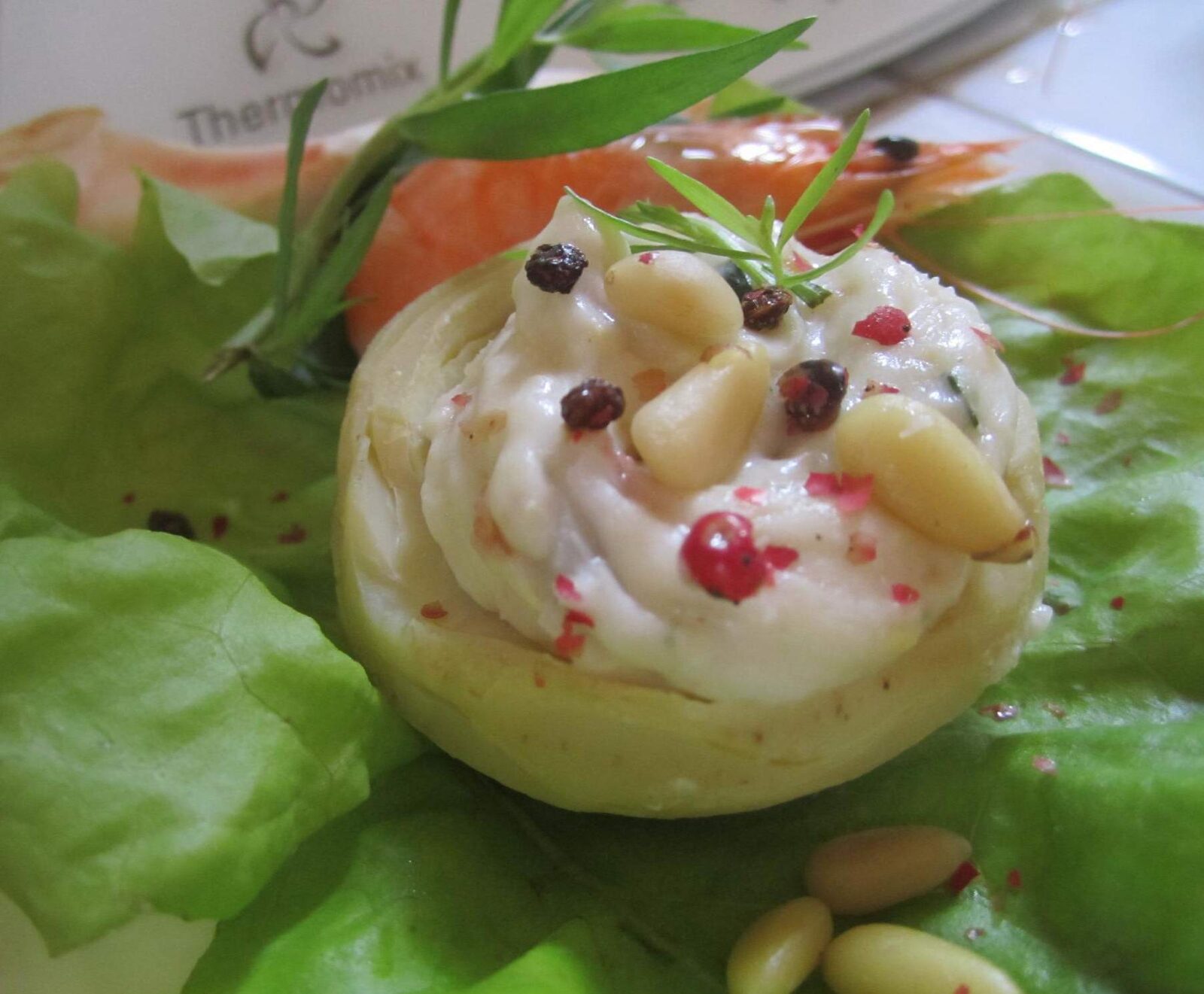 Fonds d'artichauts crème de gorgonzola aux crevettes