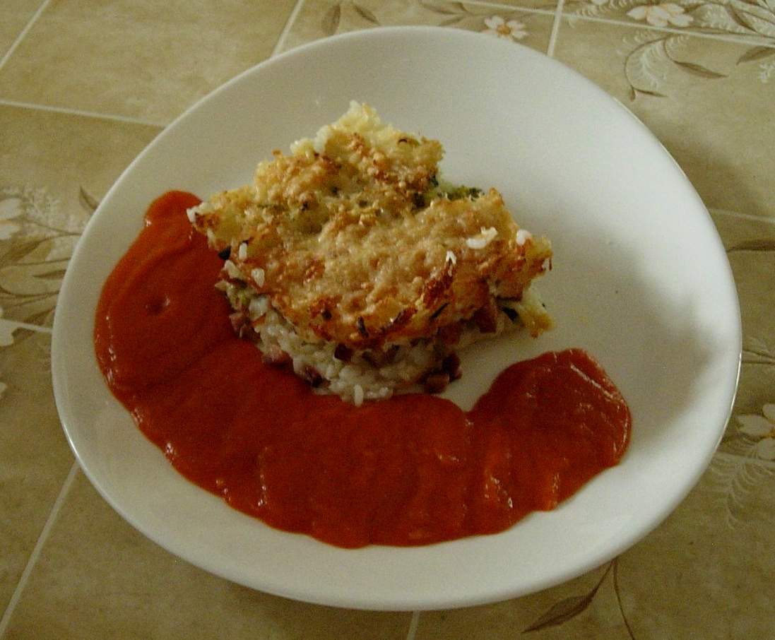Gratin de courgette, riz et dés de jambon Sauce tomate