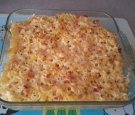 Gratin de pâtes aux lardons et poivron