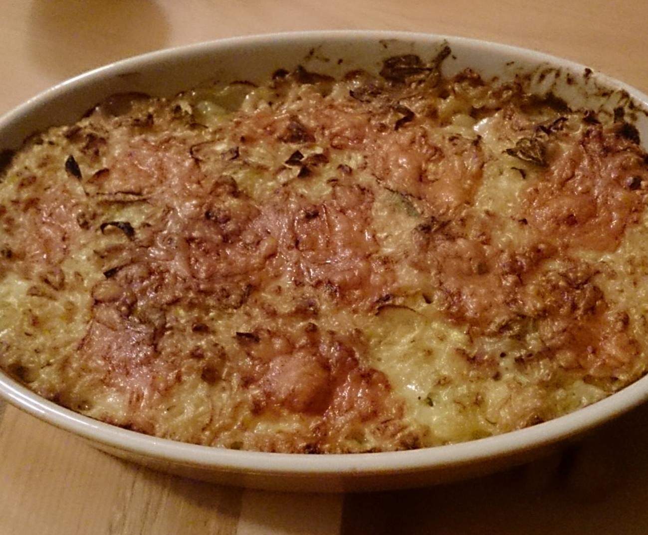 Gratin de pâtes curry, poulet, poireaux
