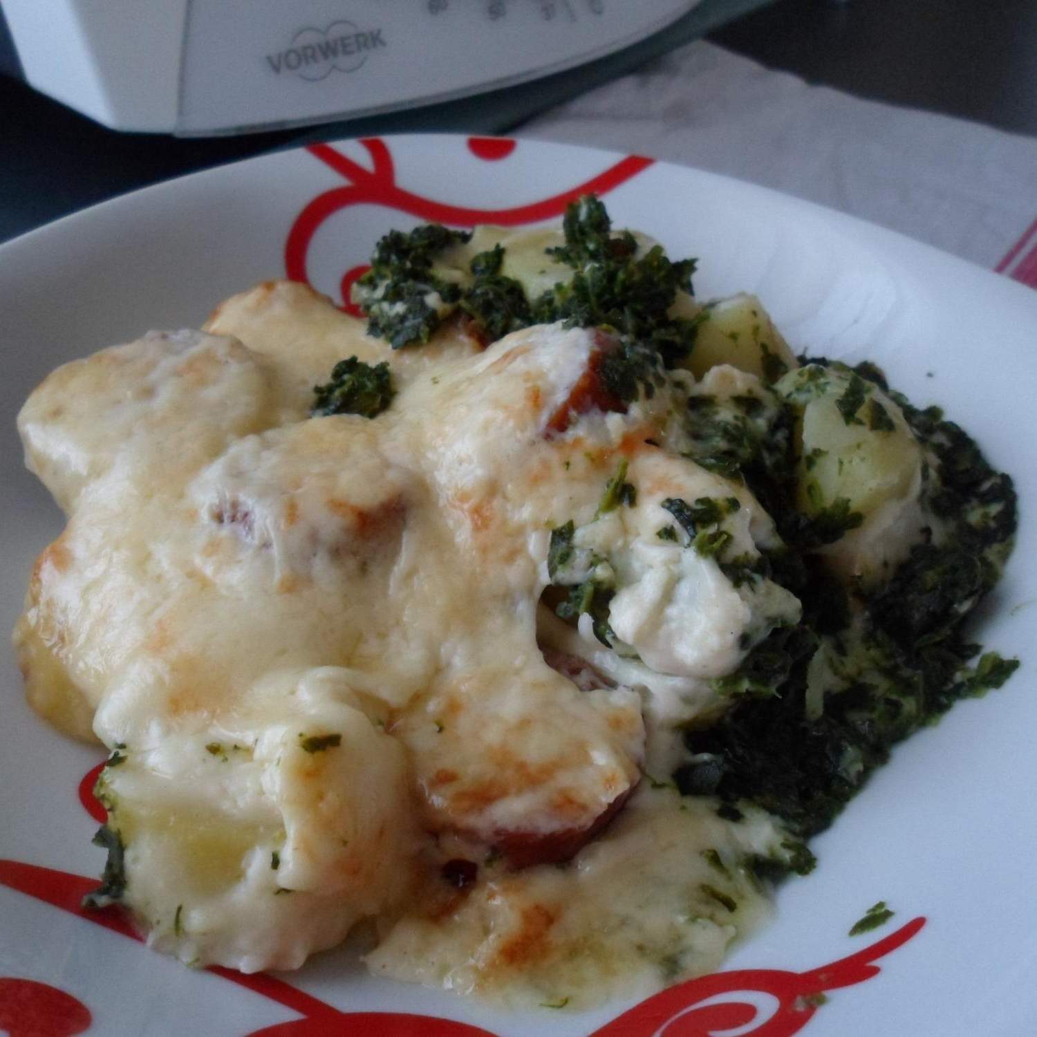 Gratin épinards pommes de terre saucisse de Montbéliard