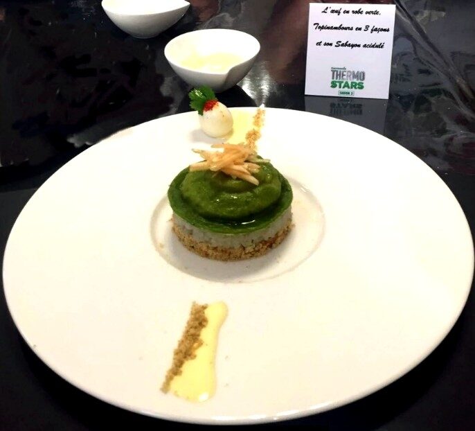 L'oeuf en robe verte,Topinambours en 3 façons et son Sabayon acidulé