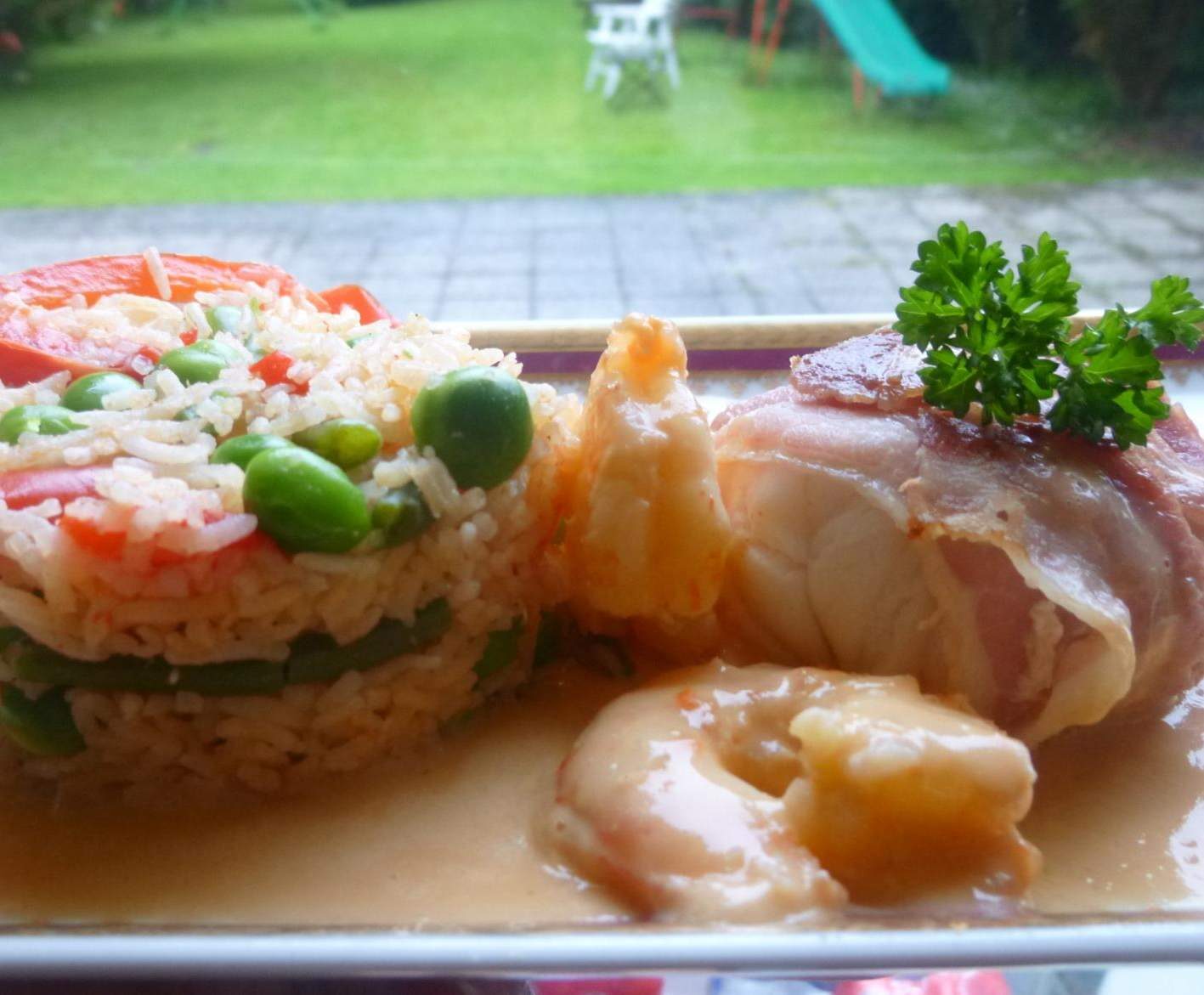 lotte lardée sauce gambas et son riz aux légumes