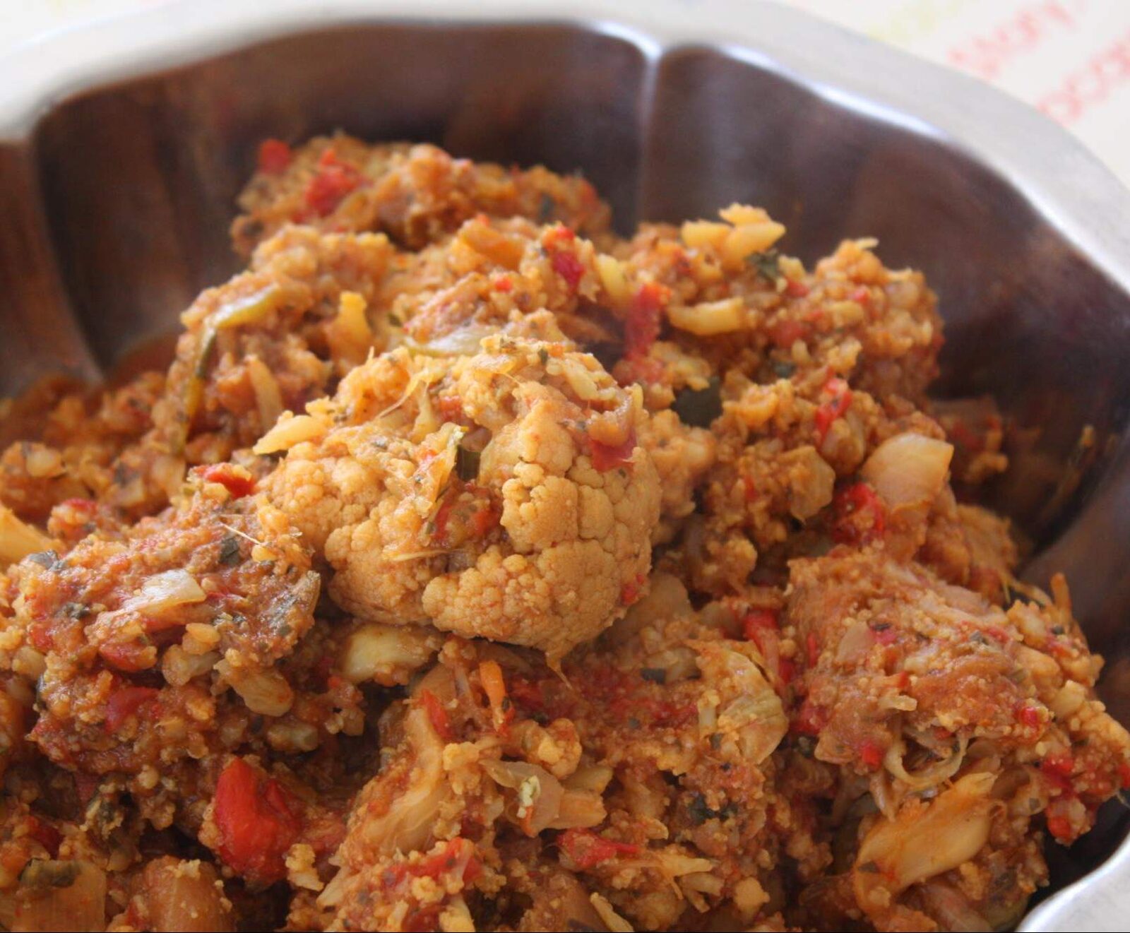 Mitonné de chou-fleur, aubergine, poivron rouge