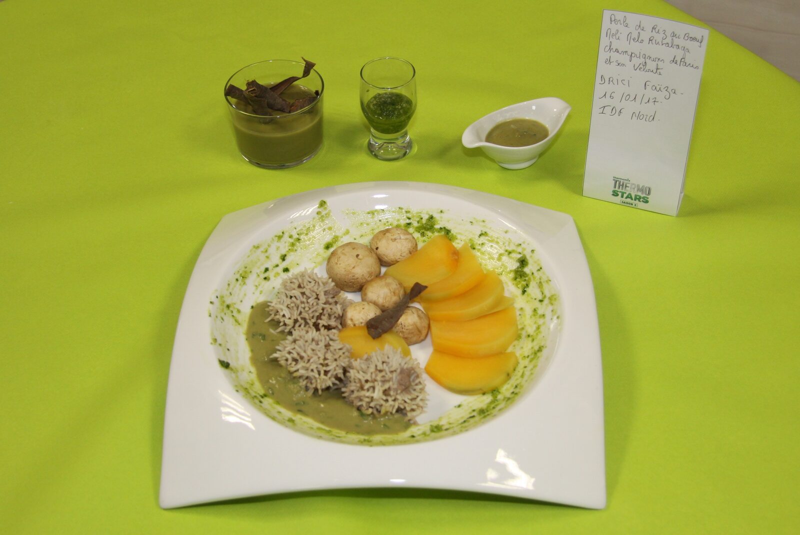 Perles de riz au Boeuf, Meli-Melo Rutabaga-champignons de Paris et son velouté