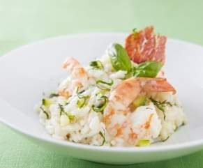 Risotto aux gambas, courgettes et pancetta croustillante
