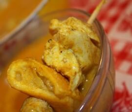 Soupe de patate douce et ses brochettes de poulet