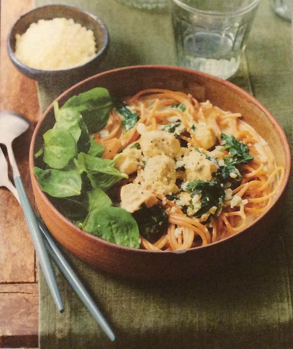 SPAGHETTI AU POULET sauce crémeuse aux épinards (IG Bas)